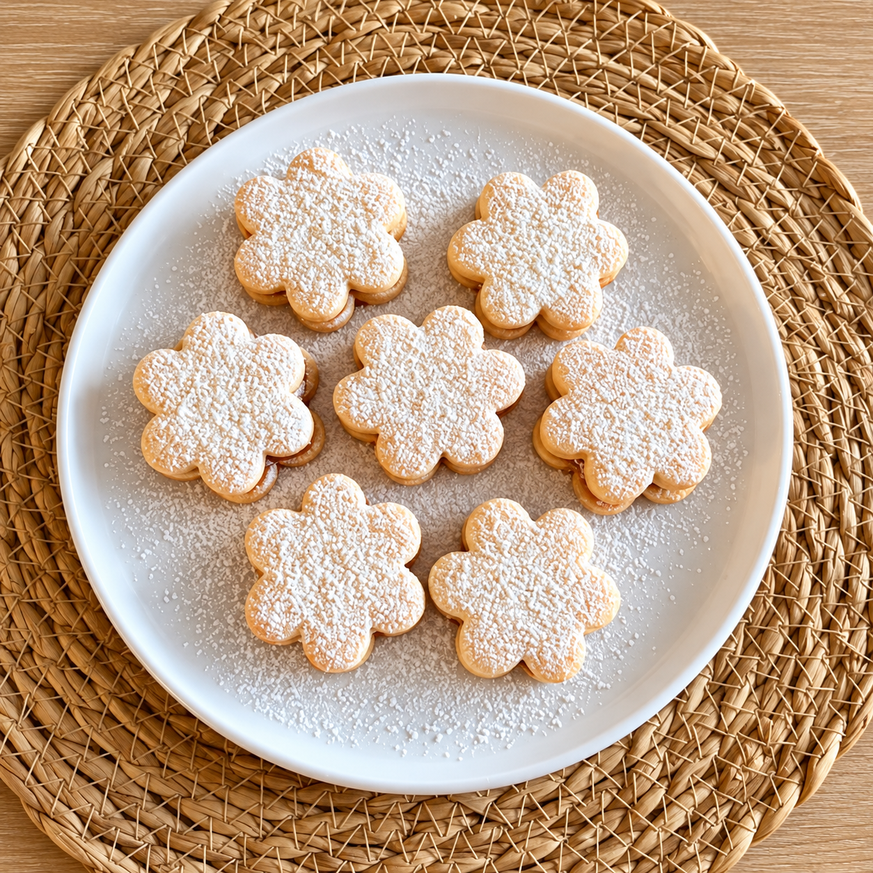 Flower-shaped handmade alfajores with powdered sugar on a white plate